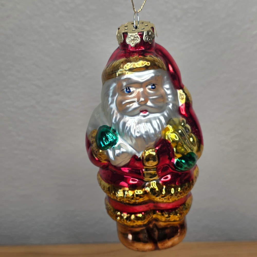 Vintage Santa Claus Glass Christmas Ornament Red  Gold Green Figurine  6in Tall